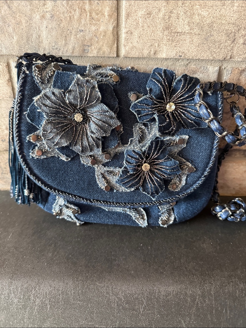 Mary Francis Denim Floral Applique Crossbody Bag - Blue
